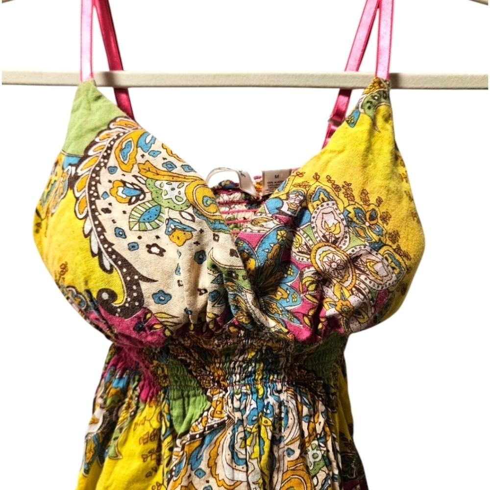 WM Y2K Paisley Print Babydoll Smocked Waist Tank Top Sz M Fairy Boho Peasant - Picture 6 of 13